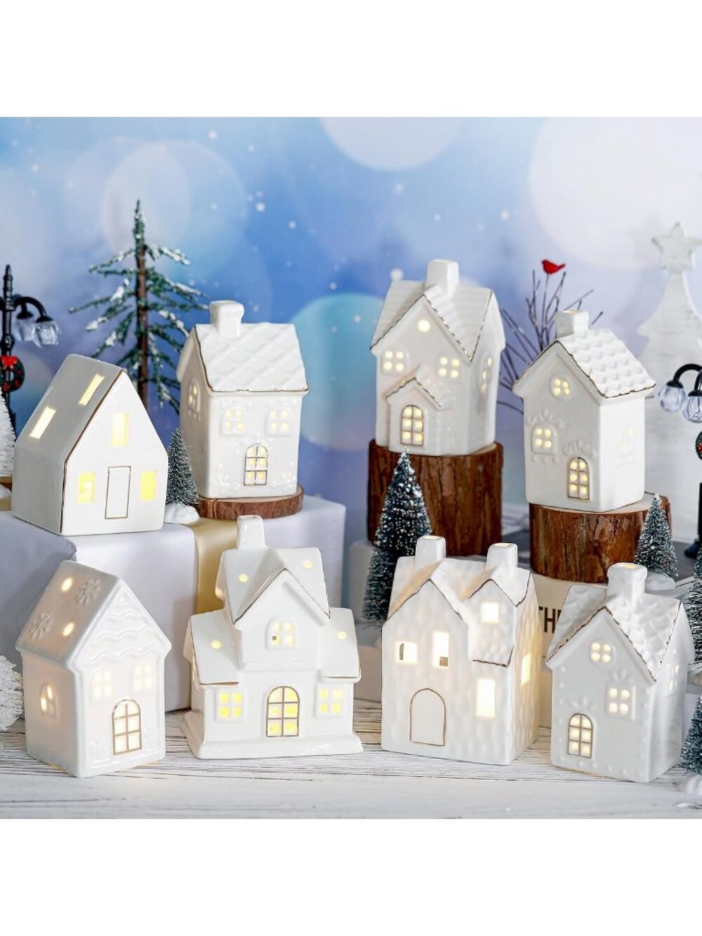 28-Piece Christmas Village Set with 8 LED White Houses - Elegant Holiday Decor